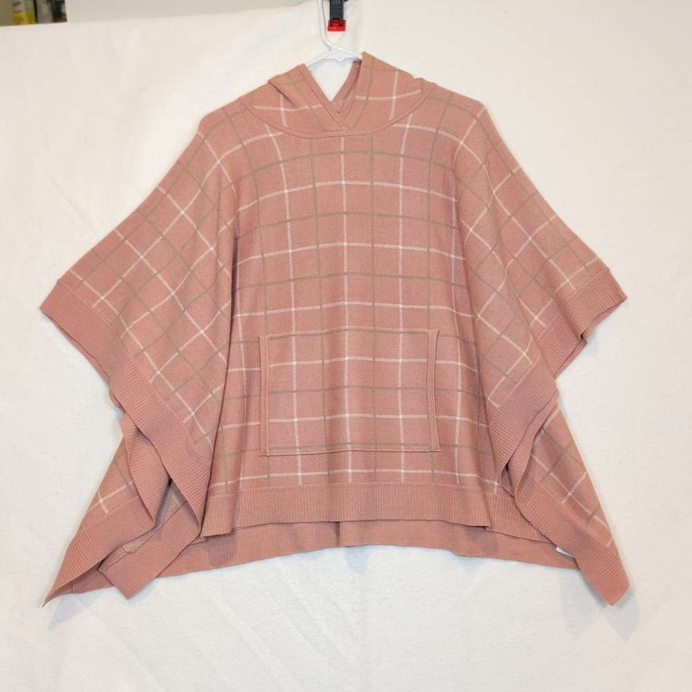 Tahari Womens Hooded Poncho Sweater Pink Windowpane Plaid Kangaroo Pocket OS